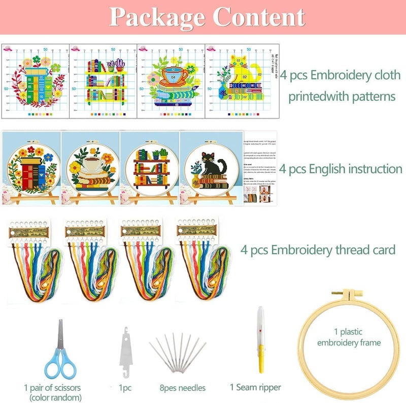 Zhenqing 4 Themes Cross Stitch Kit Set - 11CT 9.45x9.45Inch, Coffee/Books/Cats/Floral Designs, DIY Embroidery Kit with Full Tools (Hoops, Scissors, Tassels) & Guide, Cozy Home Decor Gift(69601) - Image 3